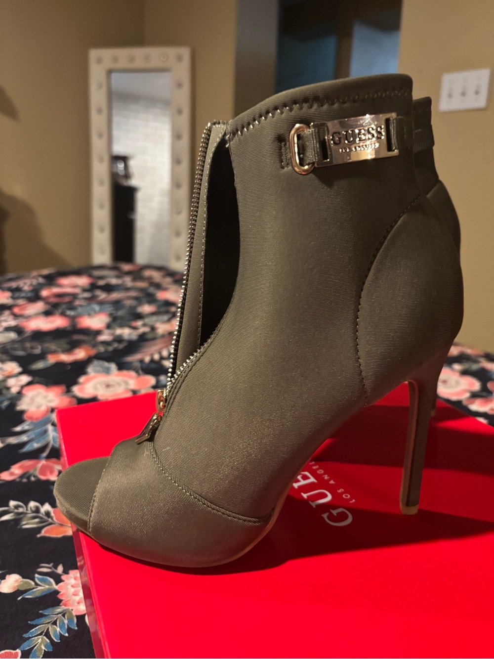 Guess Olive Green Peep-Toe Zip Stiletto Booties